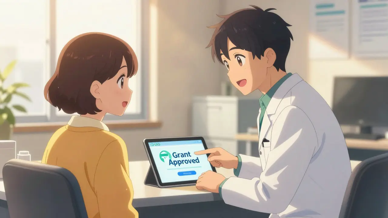 A patient and a financial navigator sharing a hopeful moment in a sunlit office.