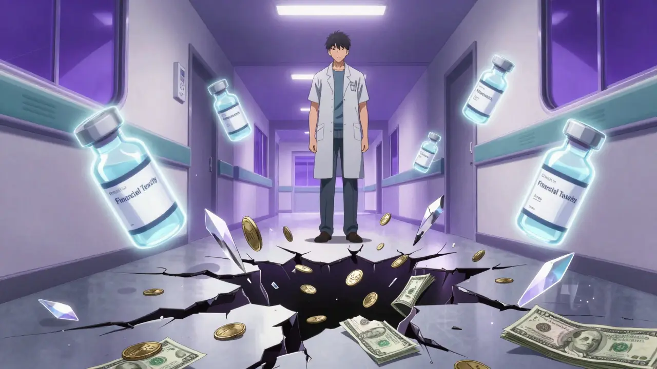 A patient in a hospital hallway with a conceptual void of falling money and glowing medicine.
