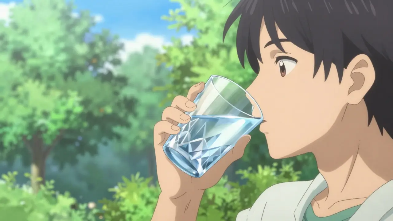 Anime character drinking a glass of water in a bright, sunny environment.