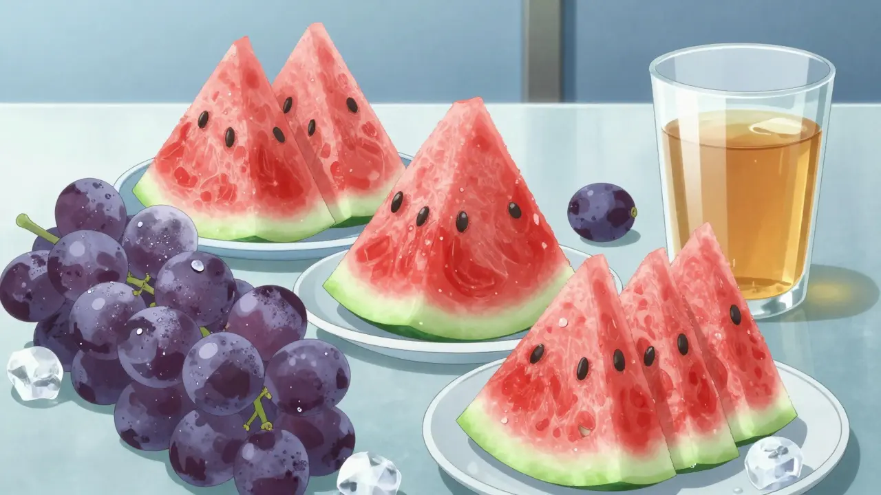 Anime style arrangement of cold foods including watermelon and ginger tea to manage nausea.