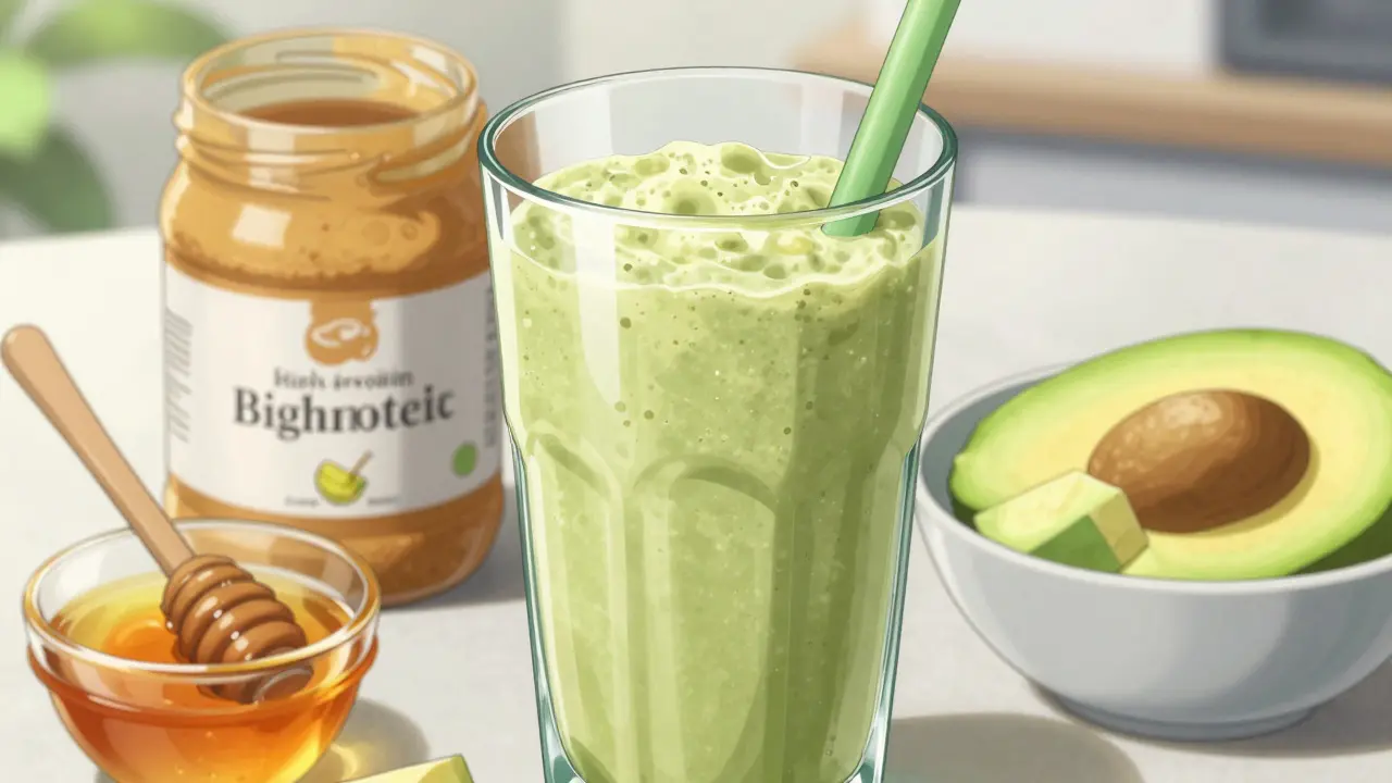 Anime style close-up of a homemade protein smoothie with peanut butter and honey.