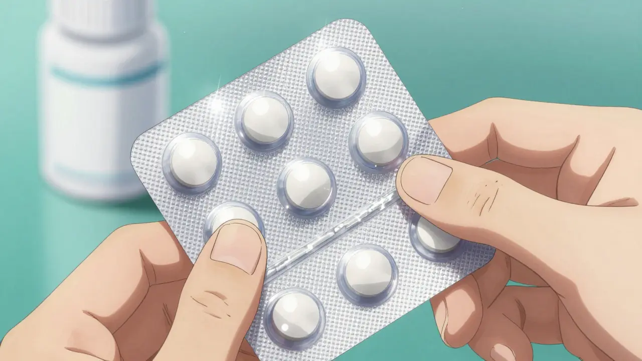 Close-up of a person inspecting a silver blister pack of medication in anime style.