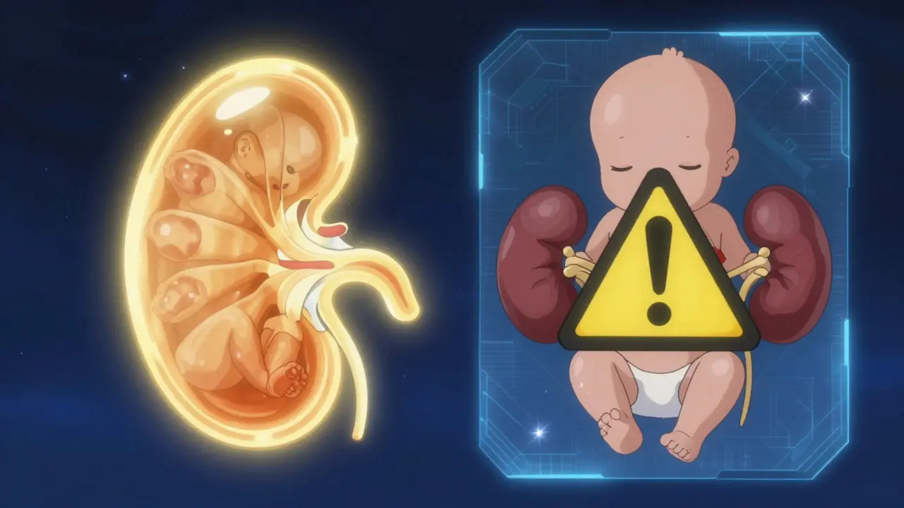Conceptual anime visual contrasting safe medication with fetal kidney risks.