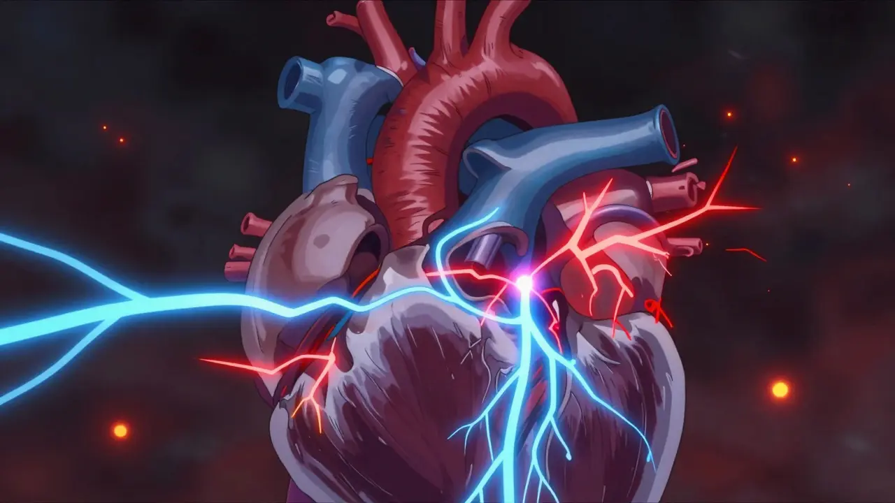 Detailed view of a heart with flickering blue and red electrical currents representing instability.
