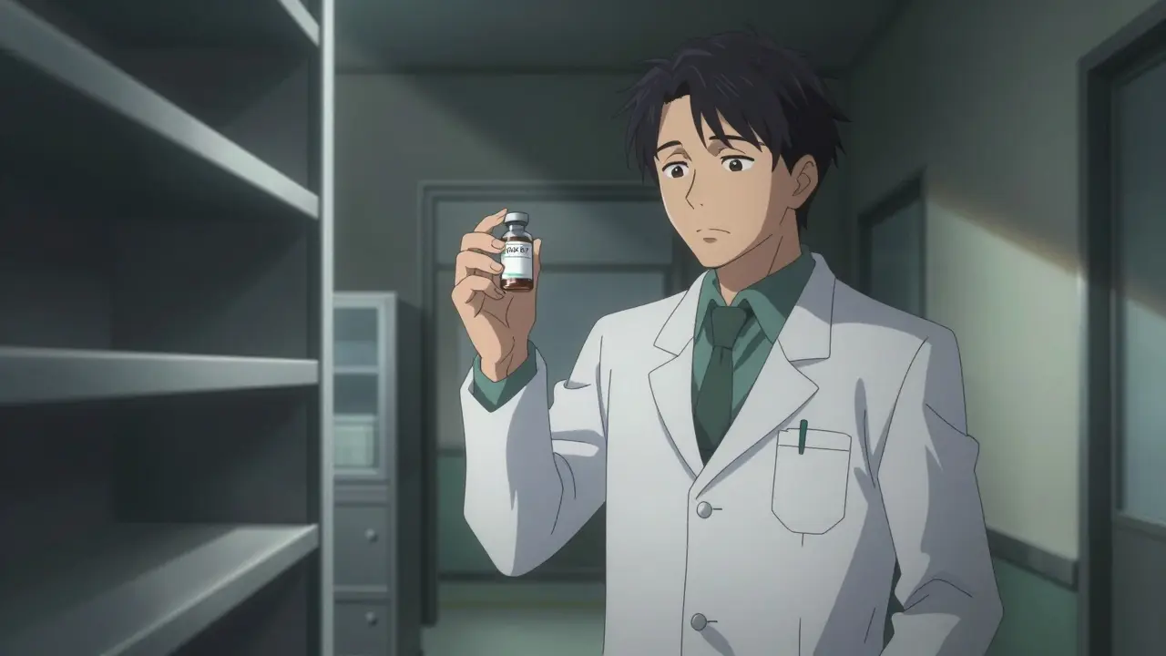 Exhausted hospital pharmacist holding the last remaining vial of a critical drug.