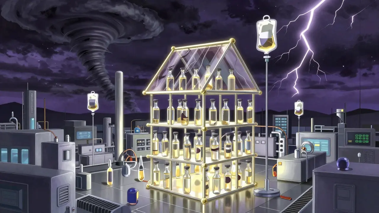 Fragile house of cards made of medical vials under a stormy sky.