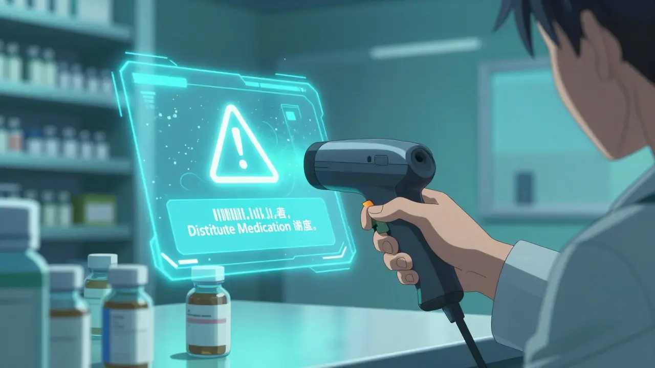 Handheld scanner triggering a holographic alert to distribute a medication guide