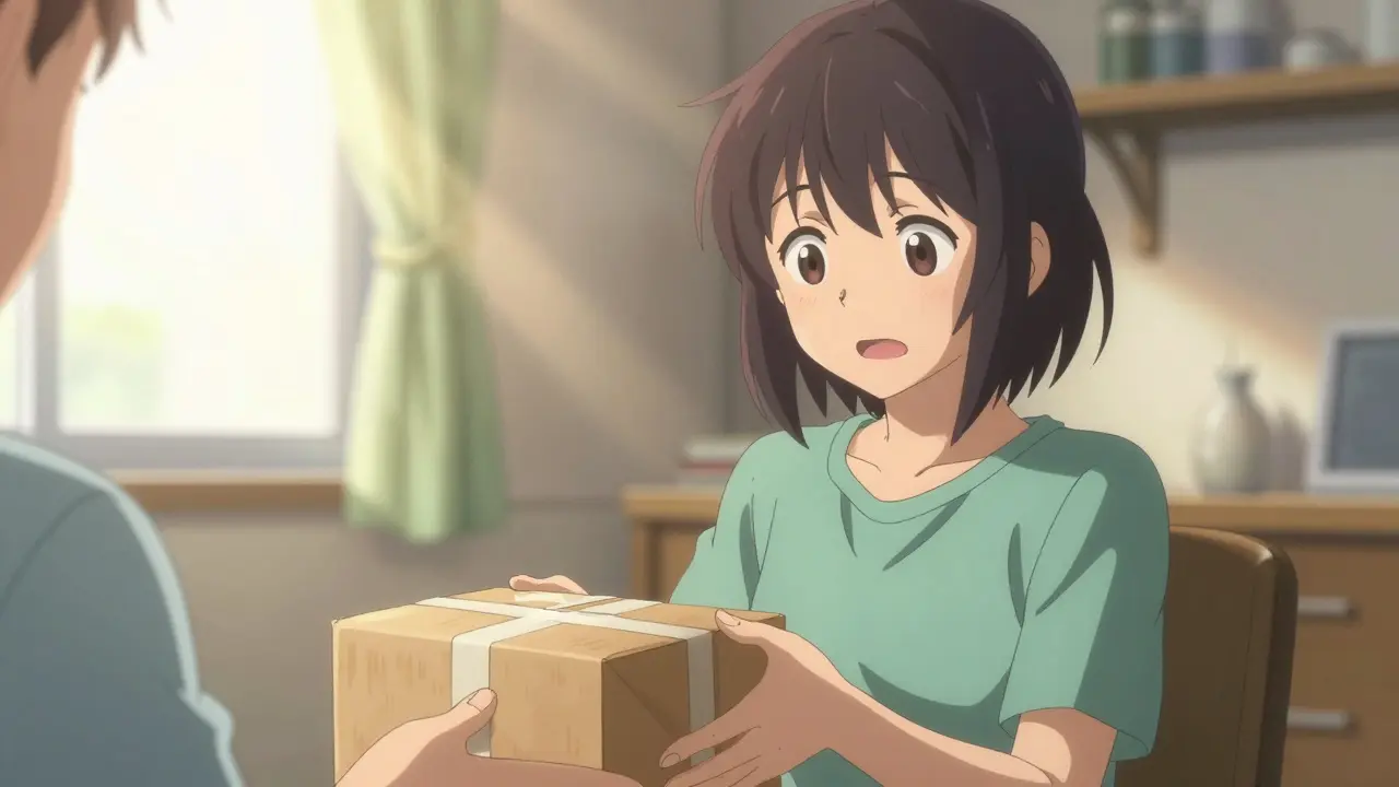 Person feeling relieved while holding a package of medication in bright sunlight, Ufotable anime style