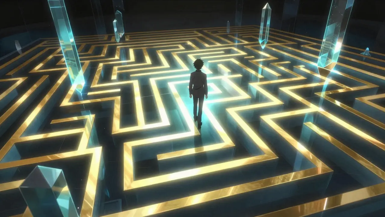 Person navigating a glowing digital maze of eligibility rules, Ufotable anime style