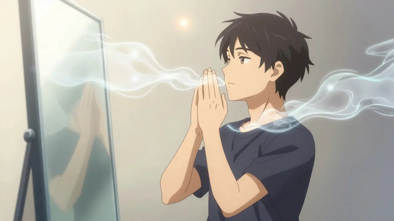 Person practicing inhaler breathing technique in front of a mirror with glowing air flow effects.