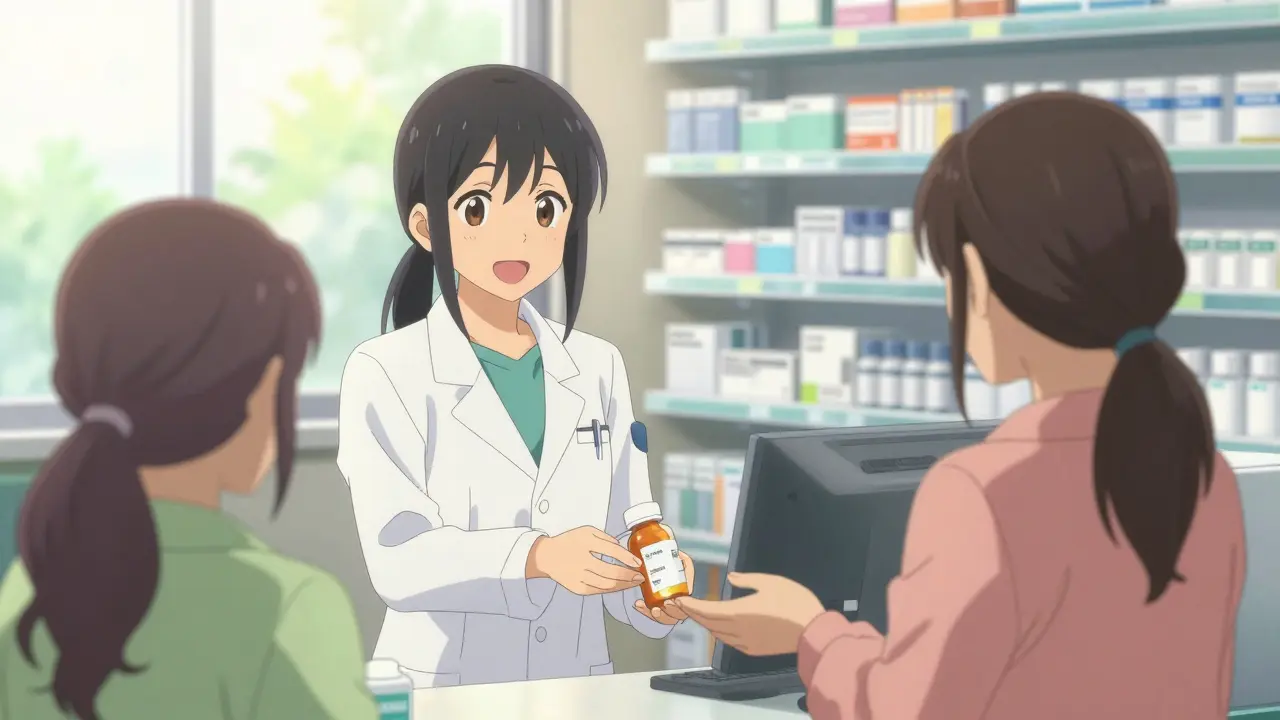 Pharmacist handing generic medication to a patient in a bright, modern pharmacy