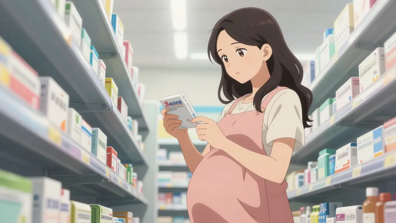 Pregnant woman carefully reading a medication label in a pharmacy.