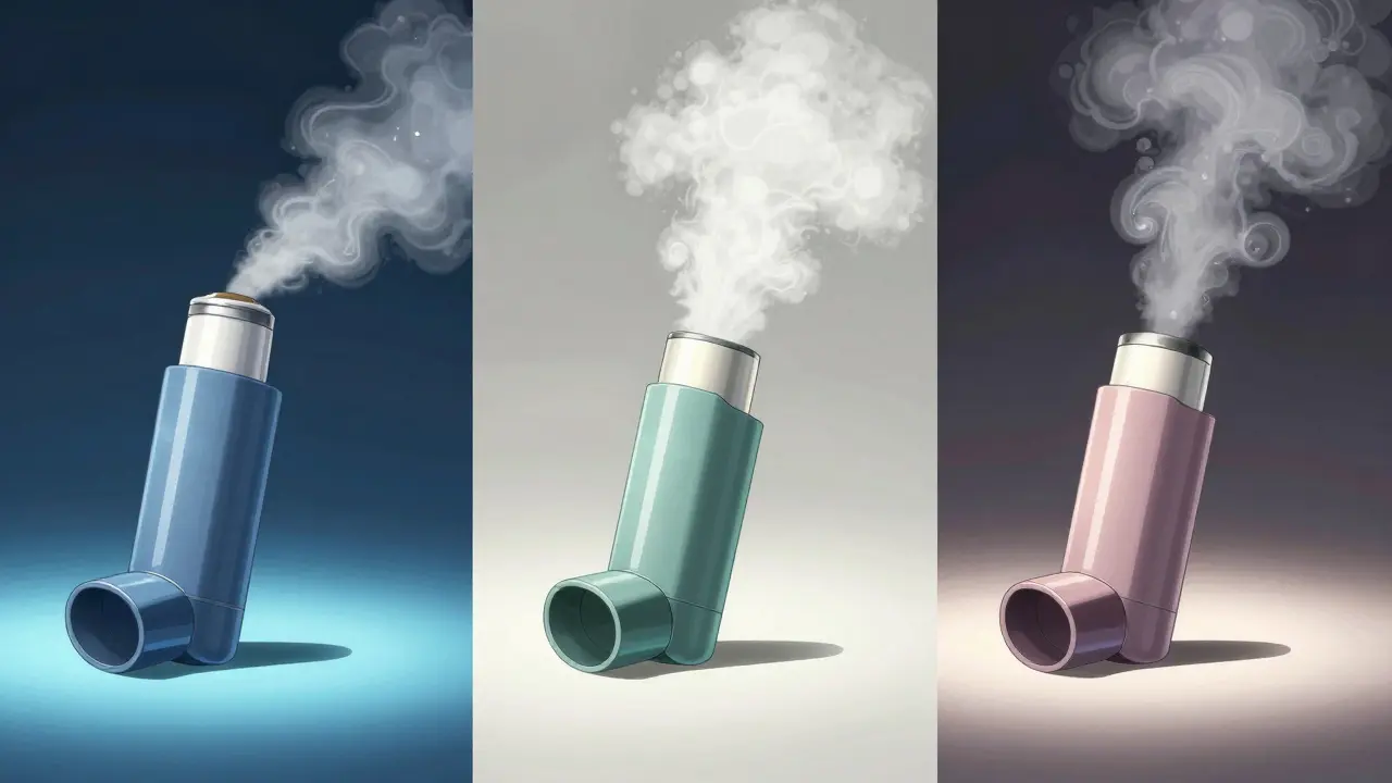 Three different types of inhalers showing aerosol, powder, and mist delivery in anime style.