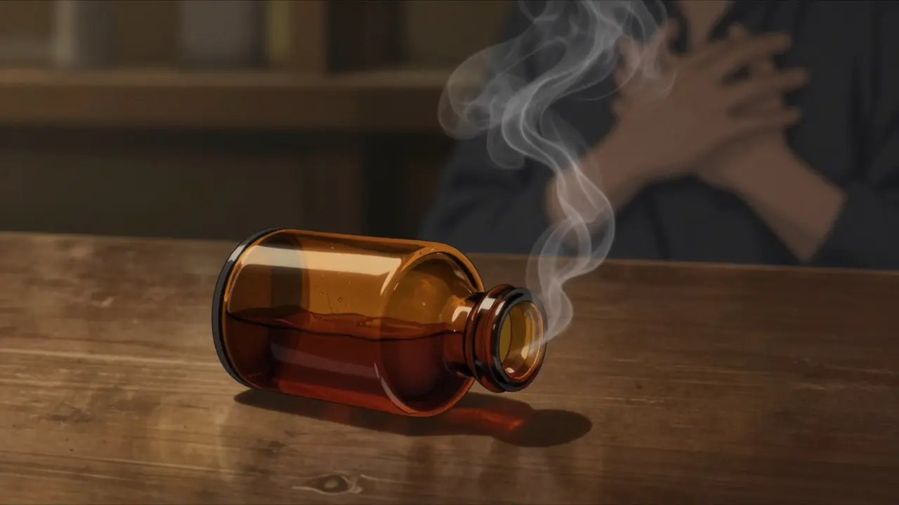 Amber nitroglycerin bottle releasing vapor in moody anime art