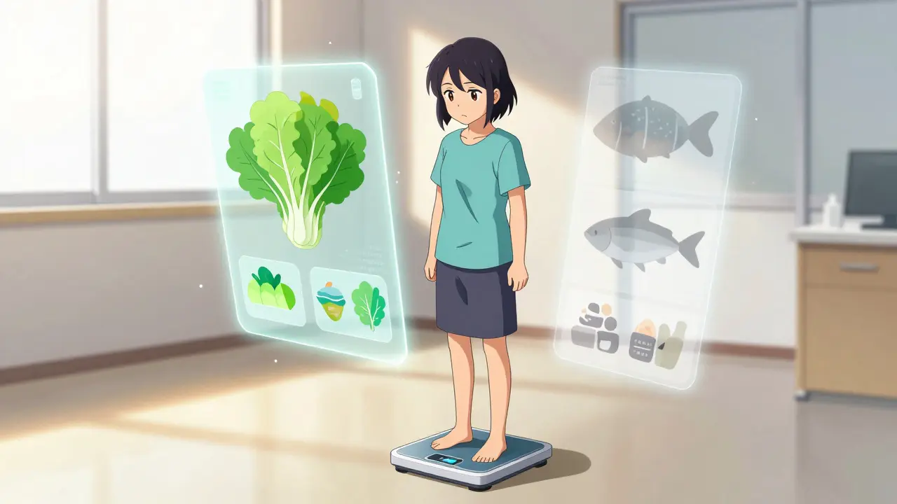 Anime character on a scale surrounded by healthy food visuals in a bright clinic.