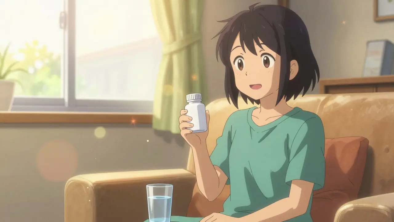 Anime patient taking a pill in a warm, sunlit room.