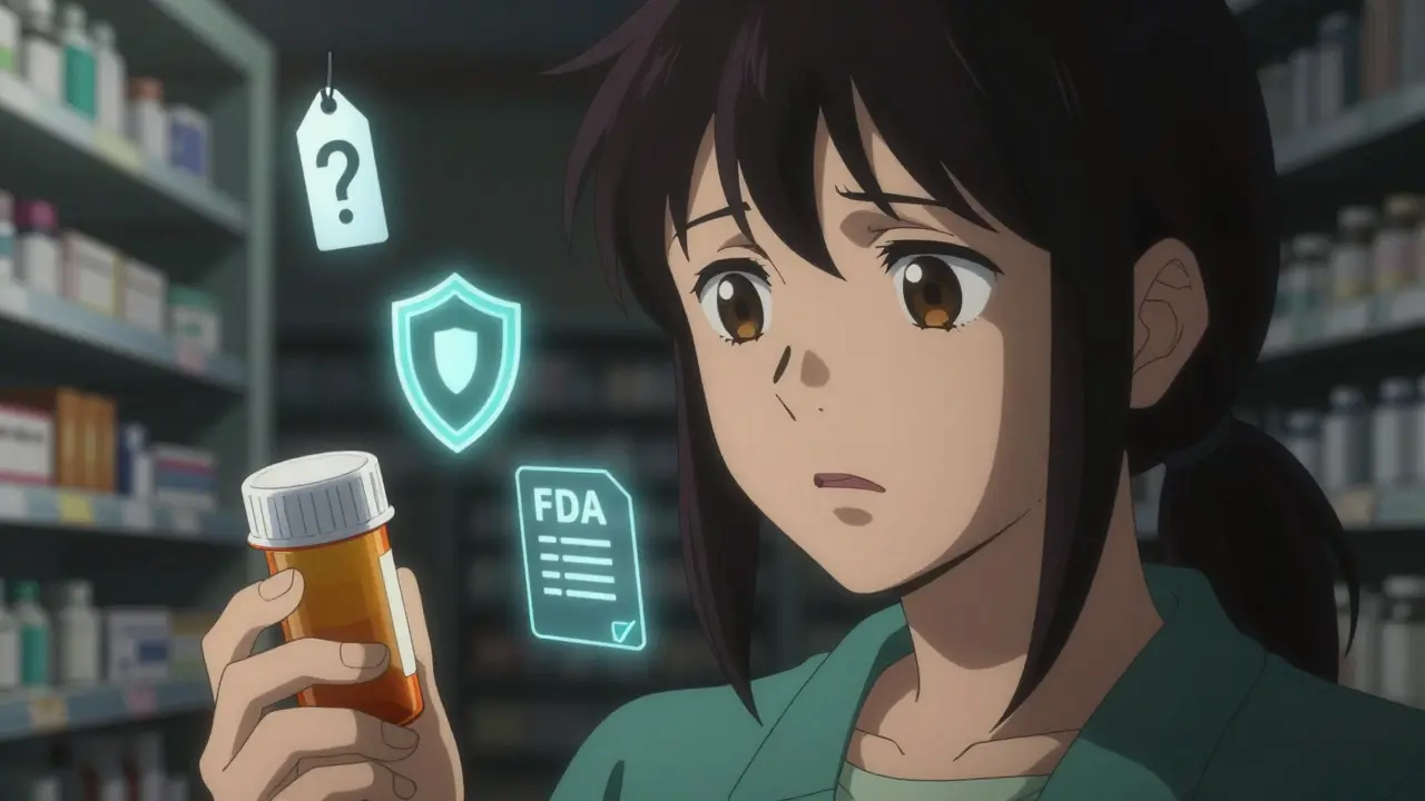 Anxious anime patient holding a prescription bottle with floating medical icons