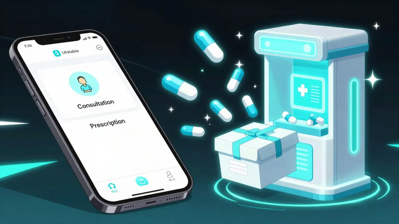 Digital illustration of smartphone ordering medicine and fast delivery