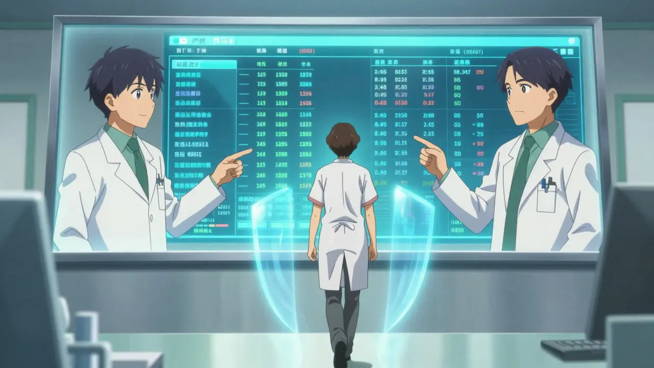 Doctor and pharmacist collaborating on patient care with glowing health data visuals.