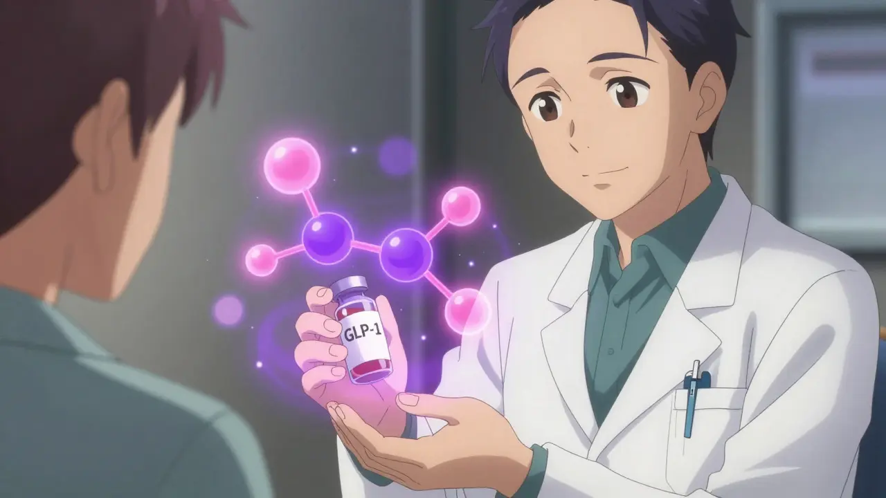 Doctor handing a medication vial to a patient with glowing molecular effects.