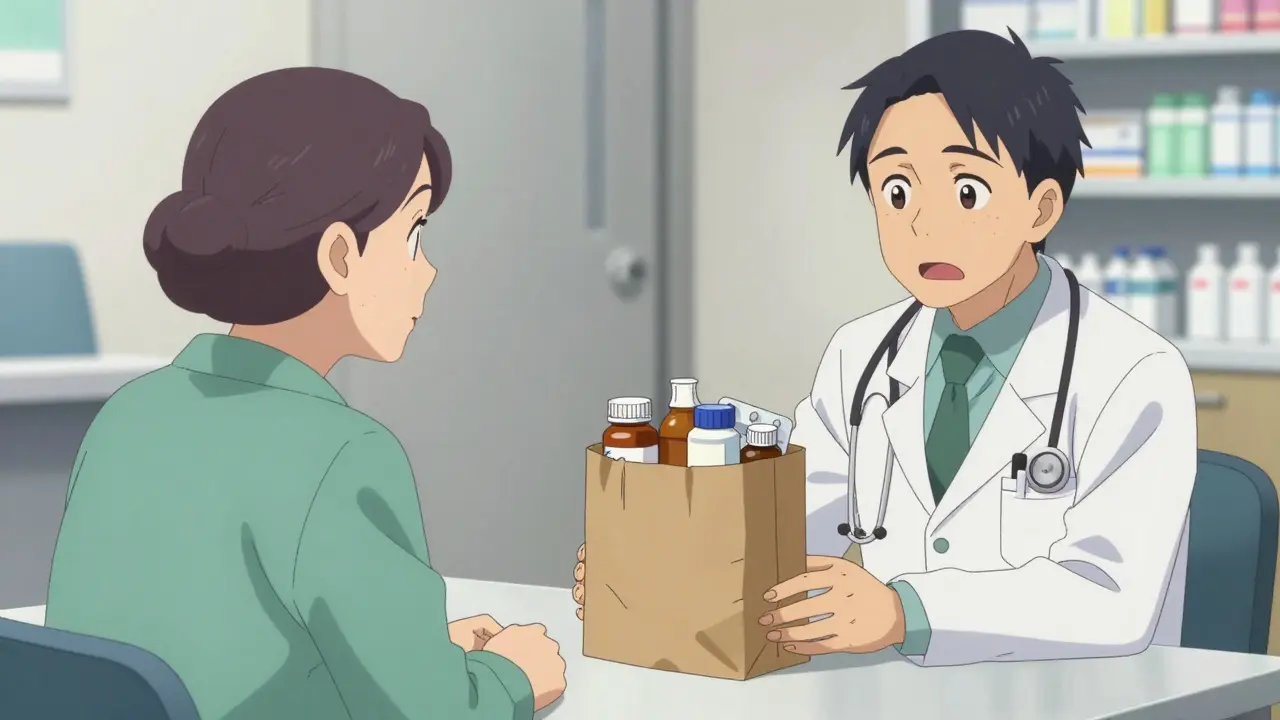 Doctor reviewing medications in a brown bag with an older patient