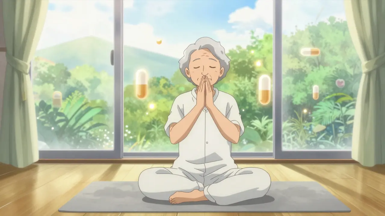 Elderly person doing gentle exercise in a bright, peaceful room