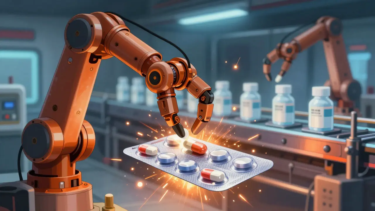 Futuristic factory scene showing different manufacturing processes for generic drugs