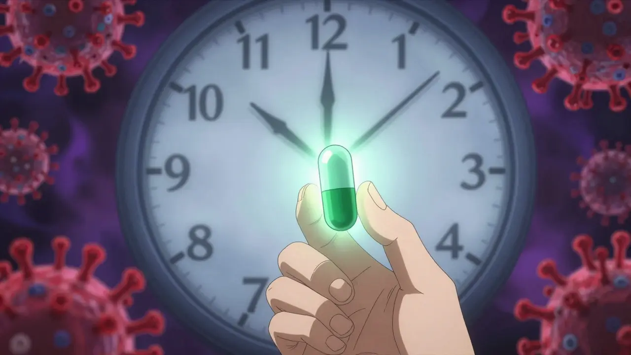 Glowing flu medication capsule with clock symbolizing urgent treatment