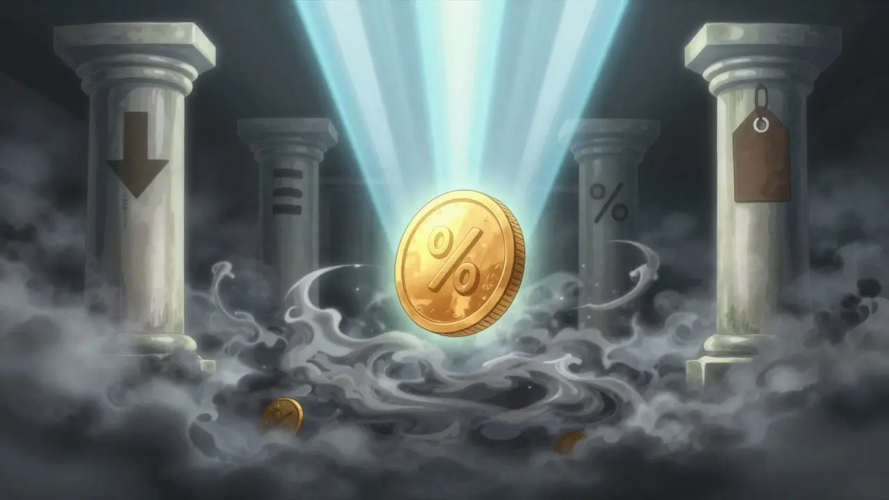 Golden coin emerging from dark mist towards bright light beams