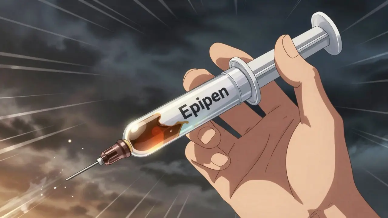 Hand holding EpiPen with degrading liquid in dramatic lighting