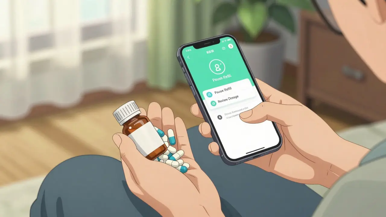 Hands holding pills and phone showing refill settings