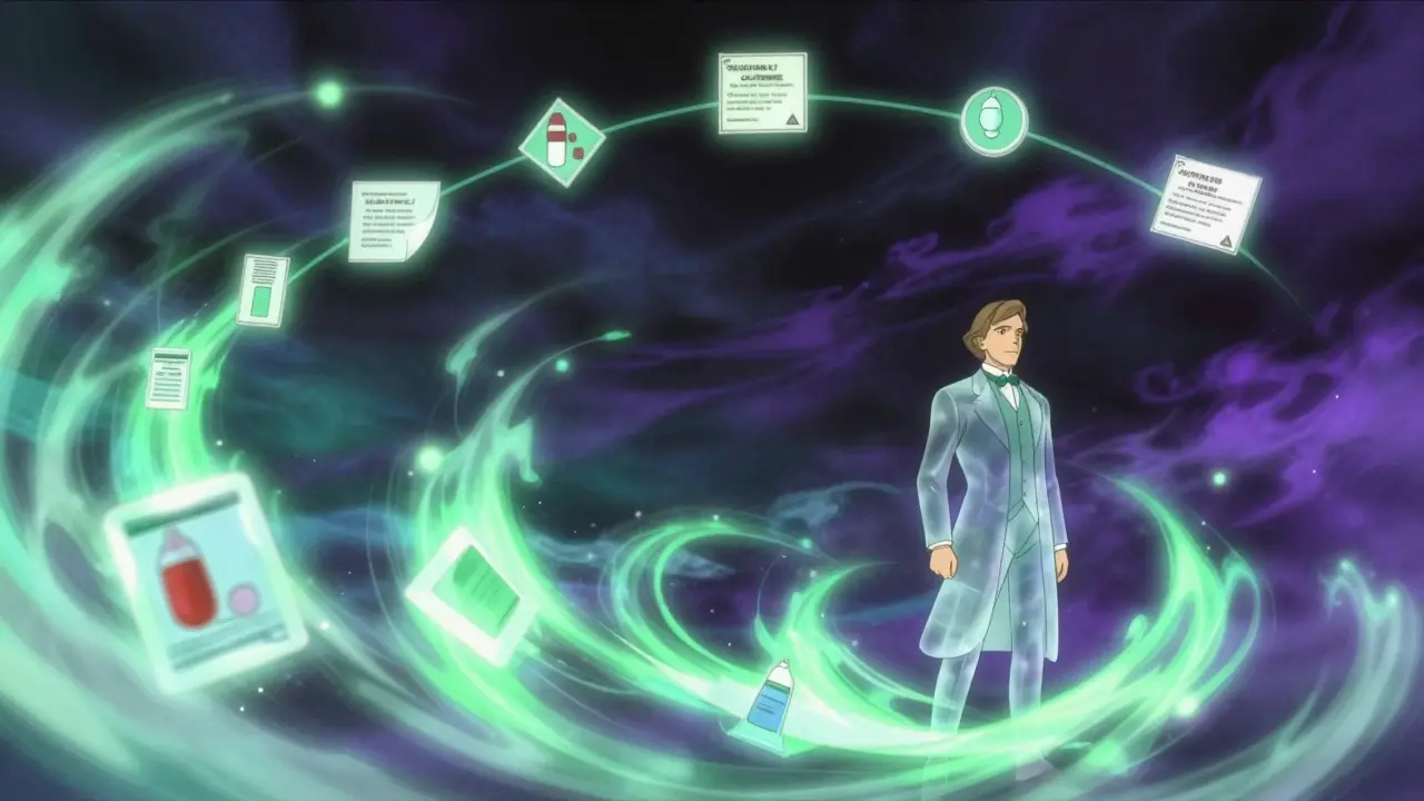 Historical figure transforming into modern safety symbols in an epic anime style.