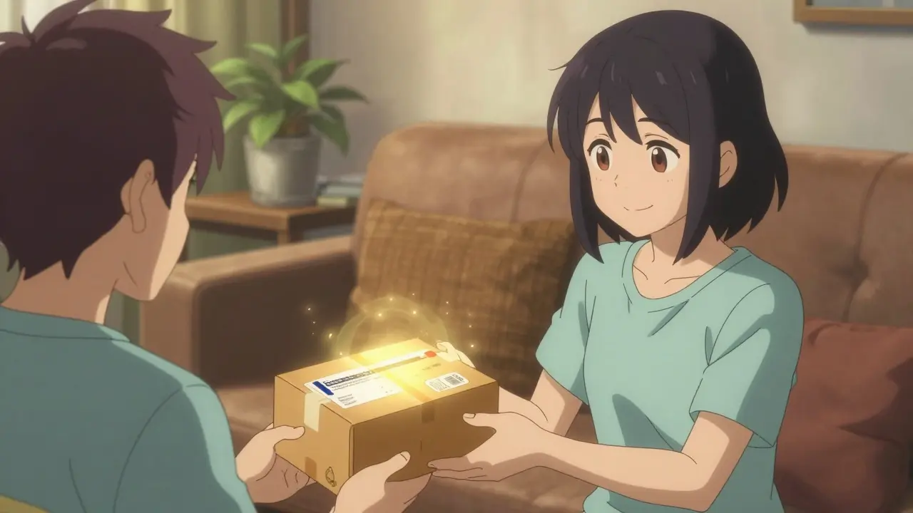 Person receiving safe mail-order medication package at home