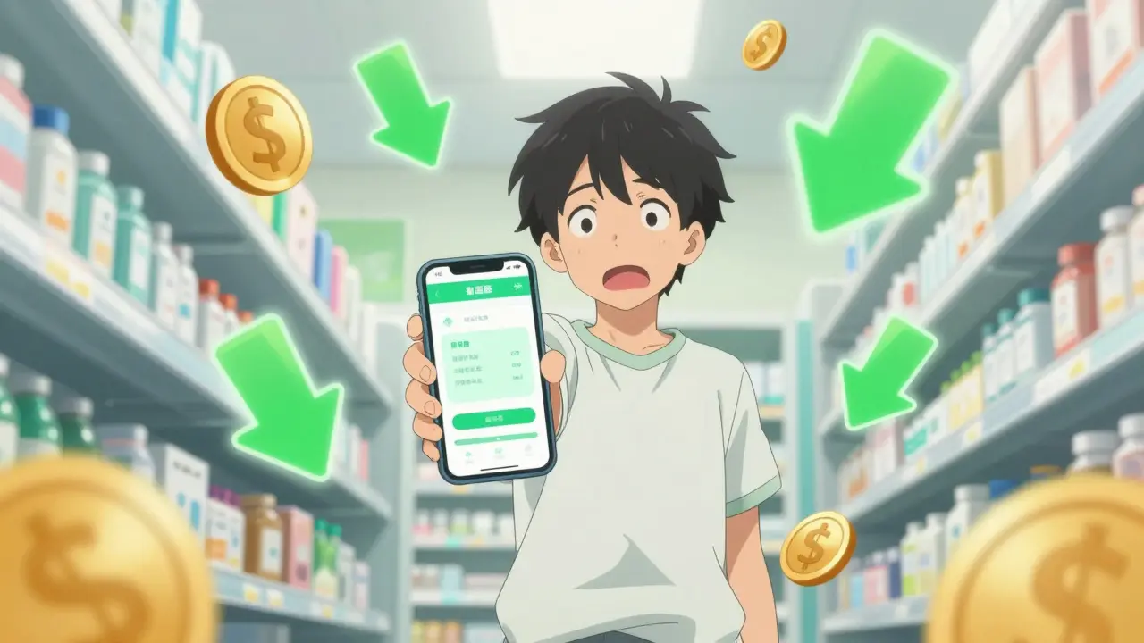 Person using phone for pharmacy coupons in bright store aisle