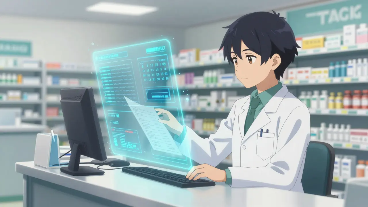 Pharmacist reviewing holographic prescription data