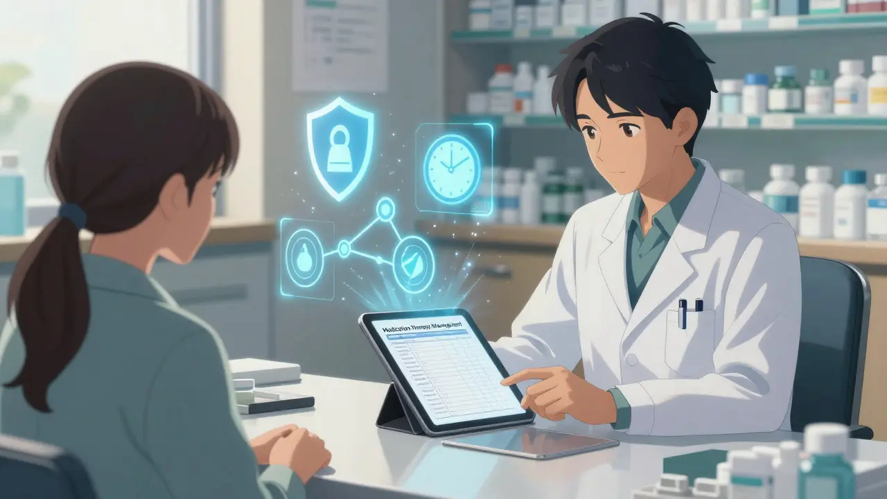 Pharmacist reviewing medication plan with patient in a private consultation room.
