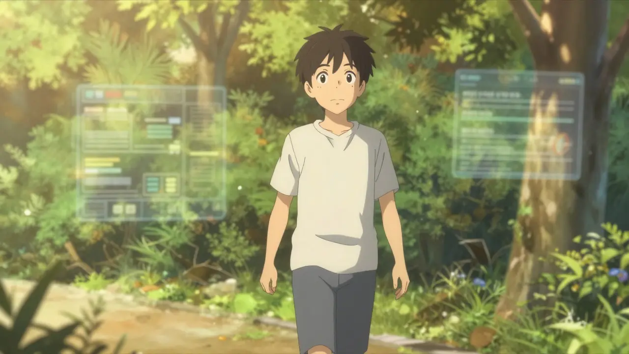 Relieved anime character walking in a sunny park, symbolizing restored quality of life.