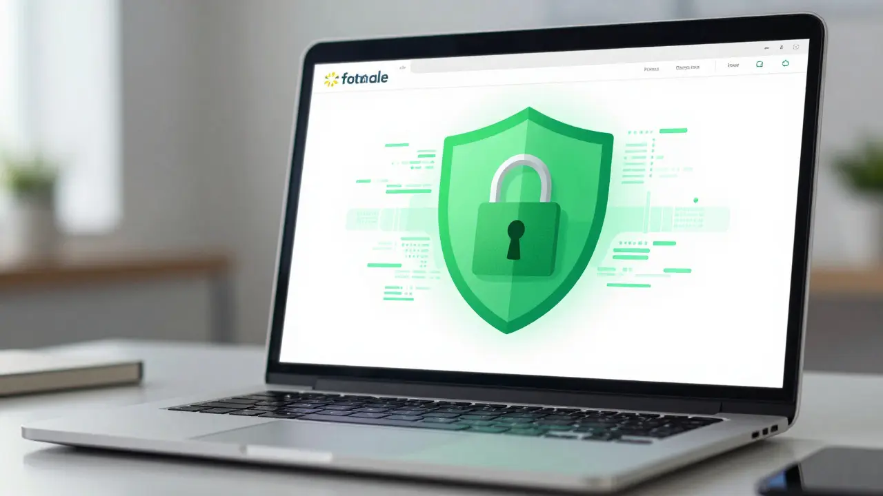 Secure laptop screen with padlock and shield
