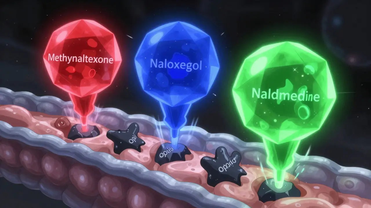 Stylized anime visualization of three drug molecules blocking opioid receptors in the gut.