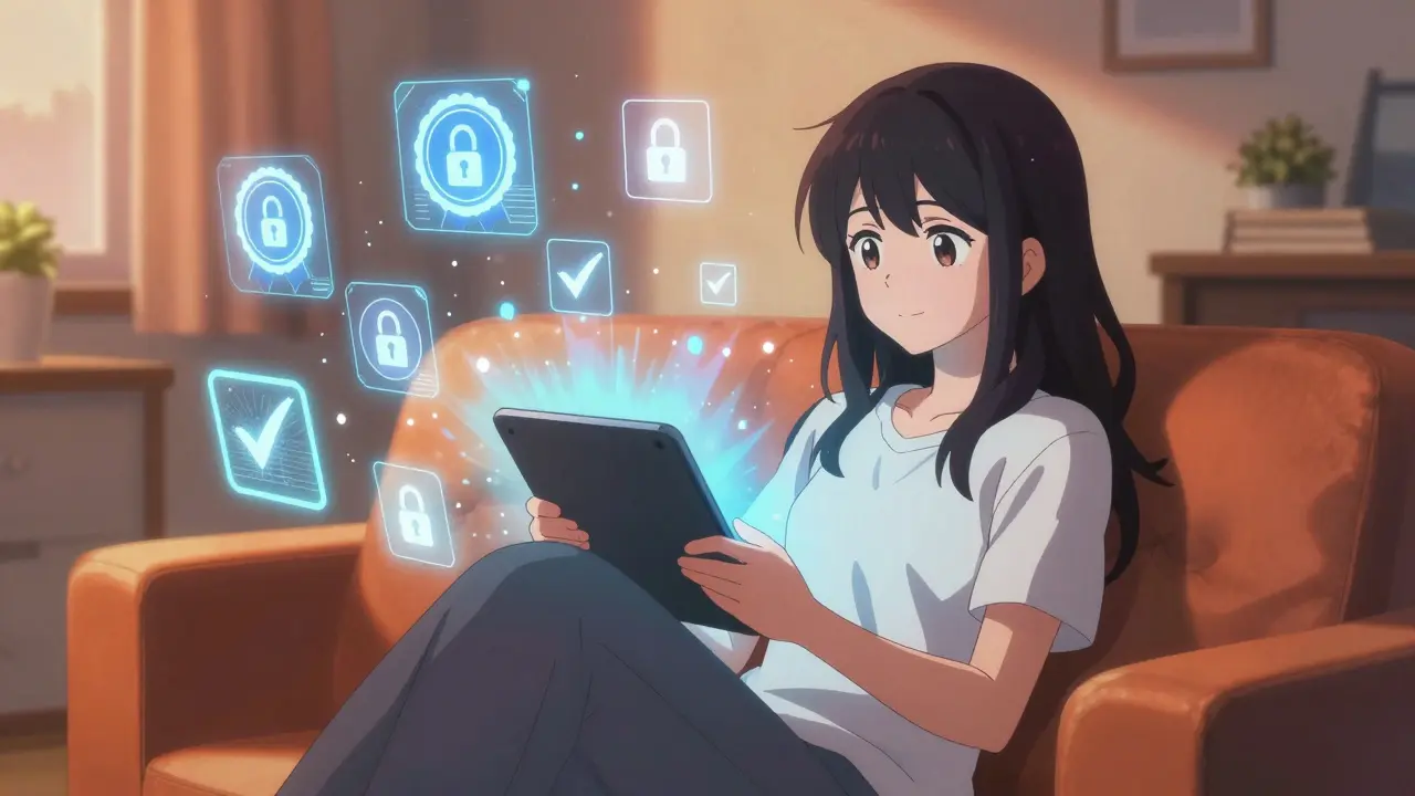 Woman using tablet with floating security icons in warm room