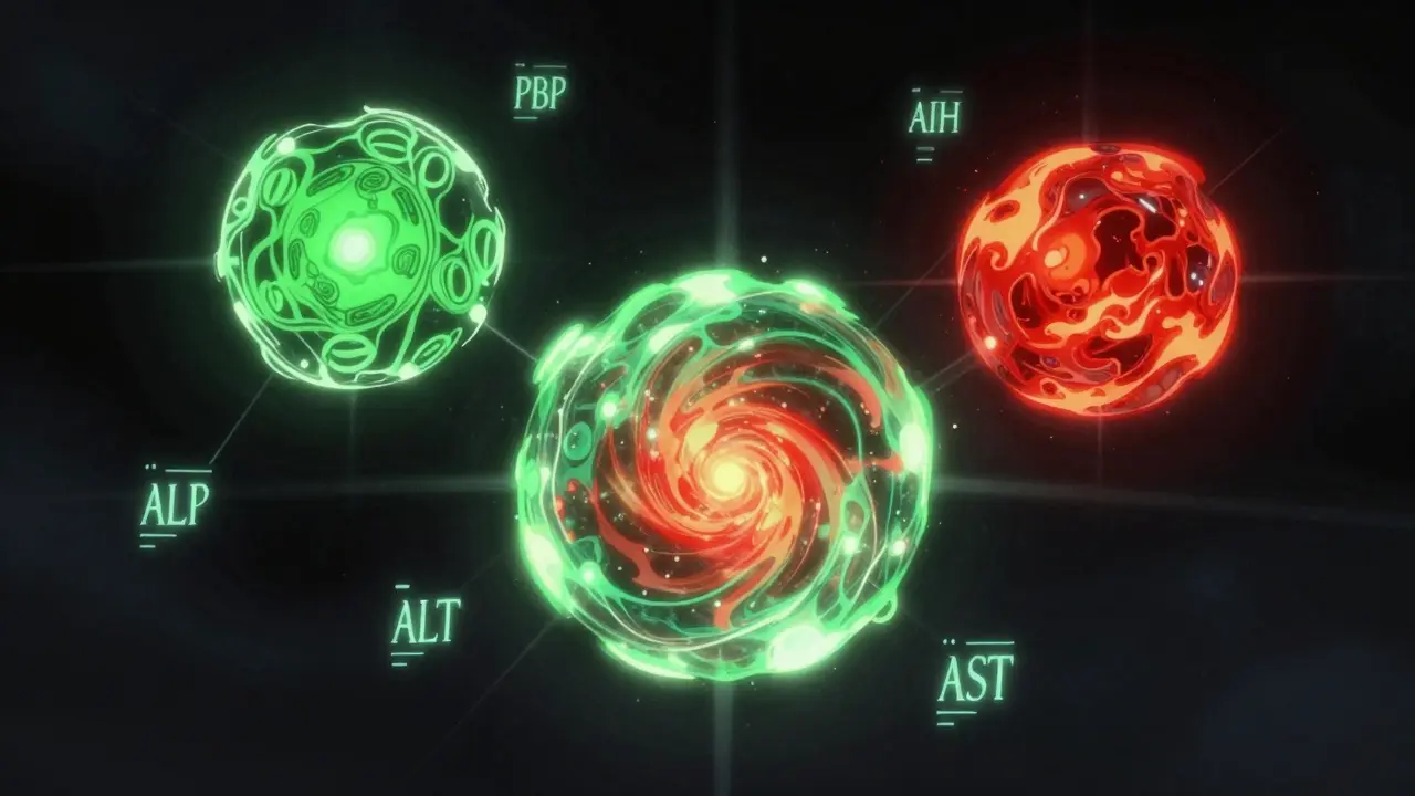 Abstract concept art of three glowing orbs representing PBC, AIH, and their overlap, surrounded by medical data