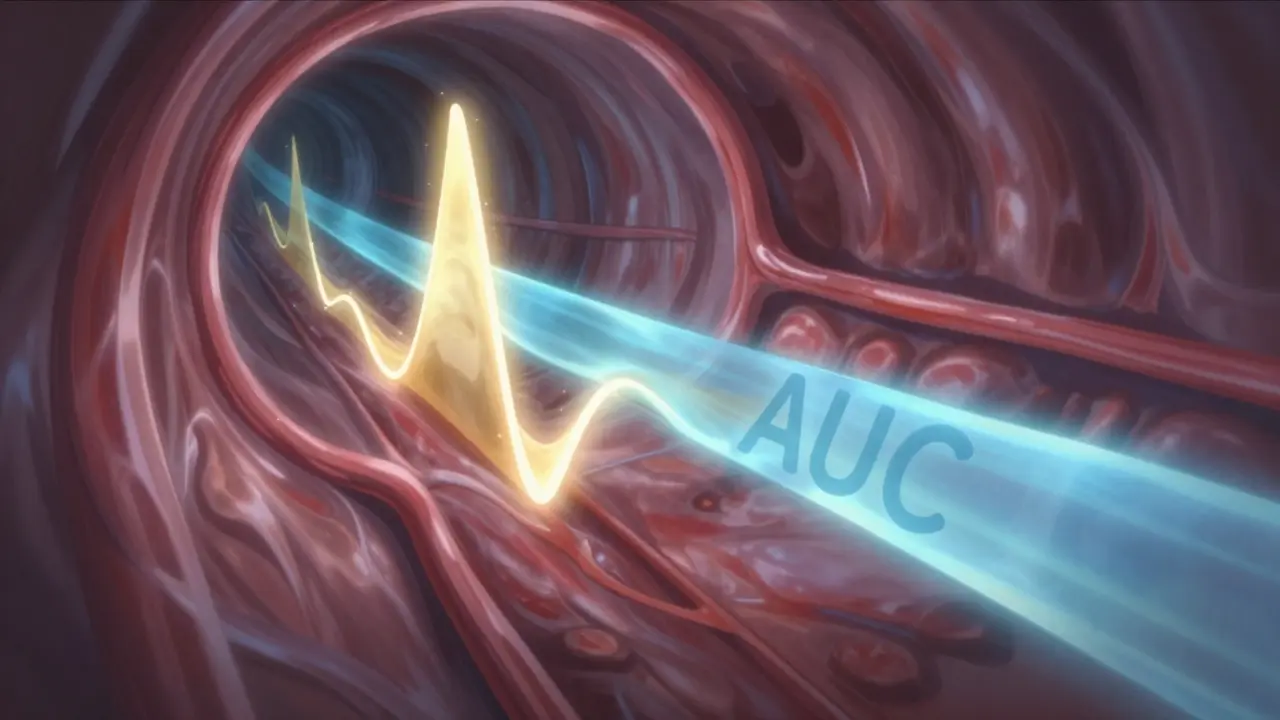 Abstract view of drug concentration waves traveling through a blood vessel