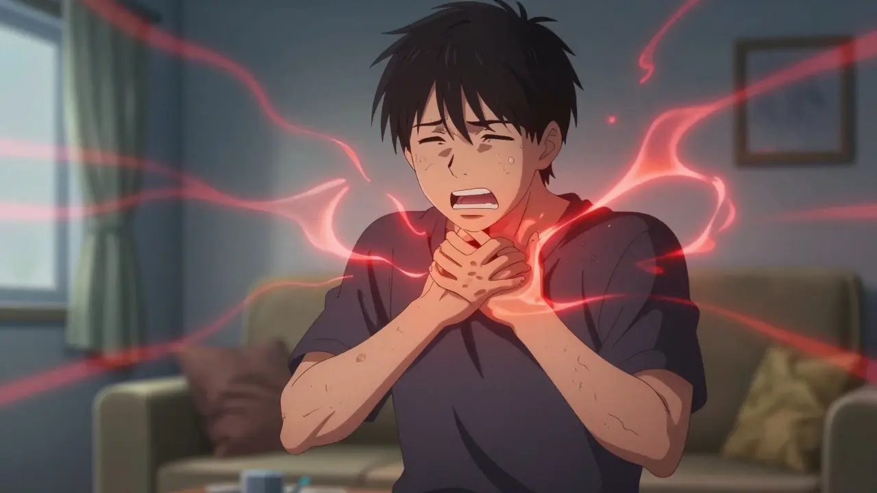 Anime figure showing allergic symptoms with red energy waves around throat