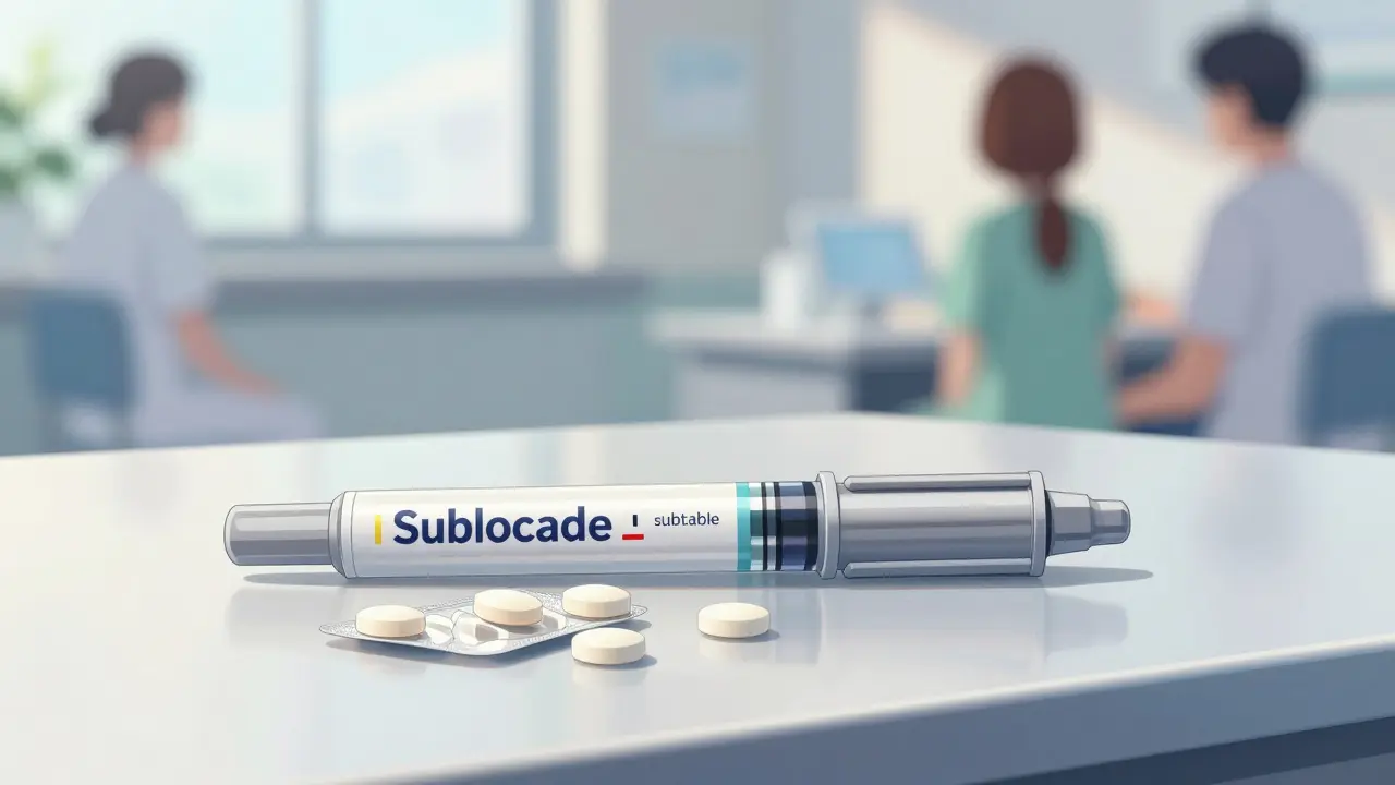 Bright anime scene featuring buprenorphine injection pen and sublingual films