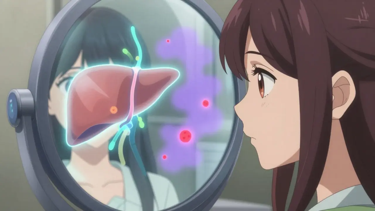 Close-up anime portrait showing a patient's internal liver health as a glowing hologram during combination therapy