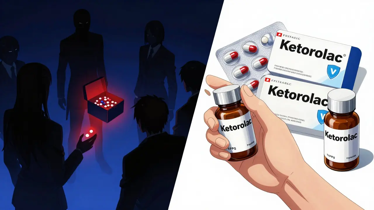 Contrast between shady fake drugs and verified safe medication packages