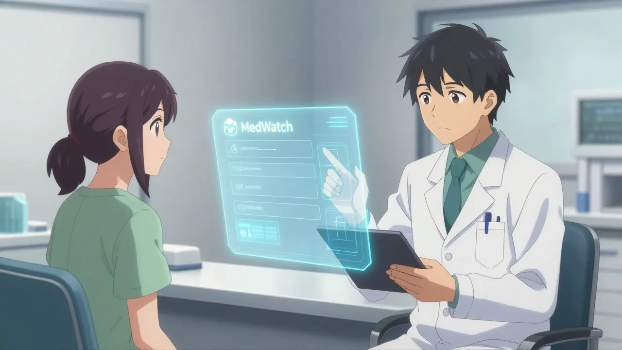 Doctor and patient discussing MedWatch report online
