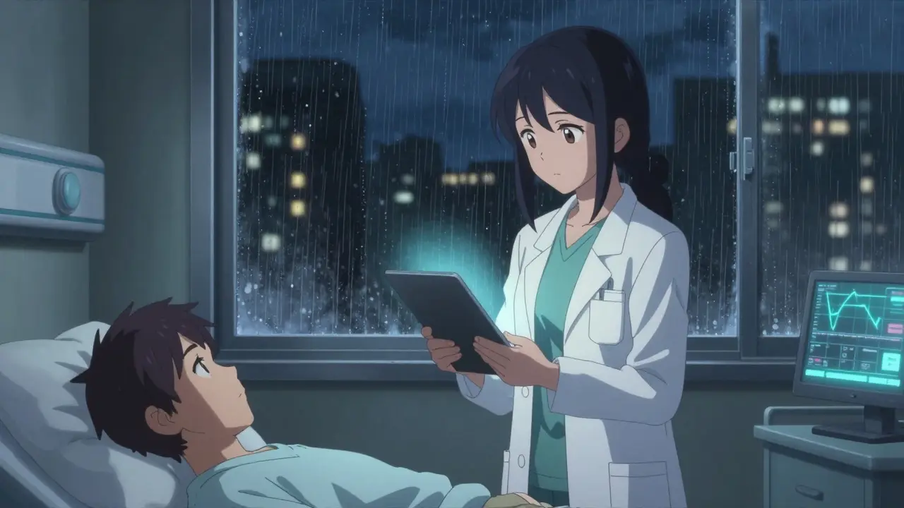 Doctor monitoring patient vitals in a rainy hospital room