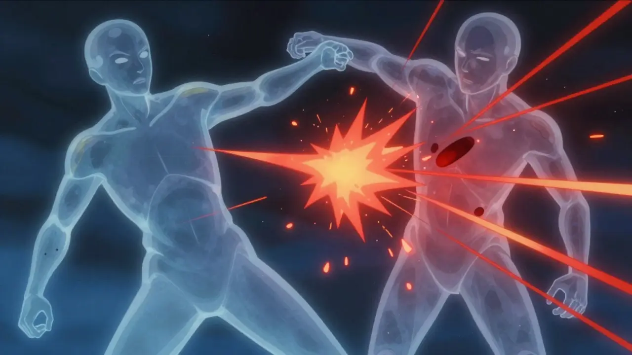 Dramatic anime art illustrating buprenorphine displacing other opioids from receptors