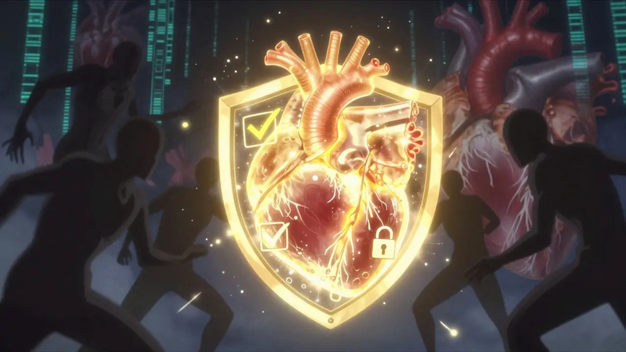 Golden shield protecting a heart from dark shadows representing scams